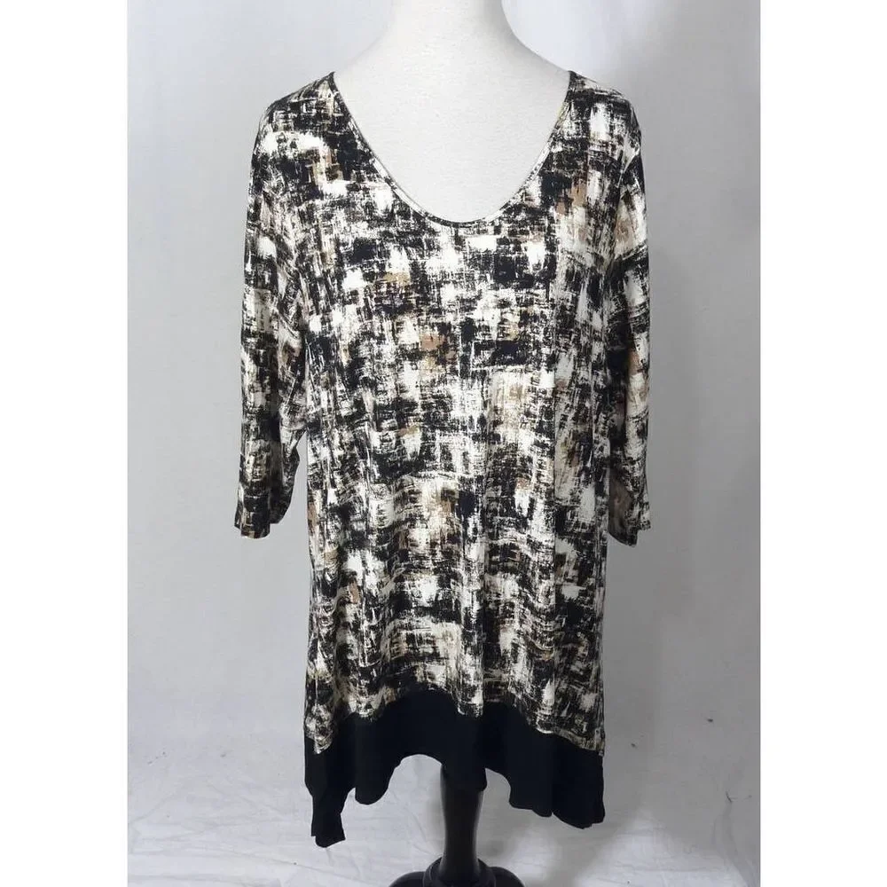 J. Jill Tunic Top Brown Black Jersey Knit Scoop Neck Flared  Size Small‎